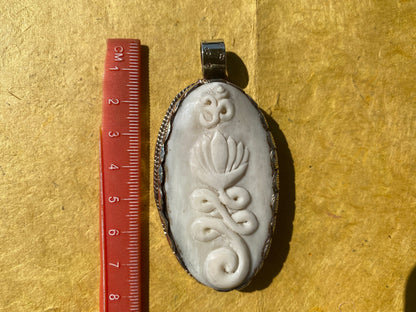 Ohm with Lotus Flower Hand Carved Buffalo Bone Tibetan Silver Pendant For Men or Women, Yoga Meditation Jewelry, Unisex Chakra Pendant, Boho