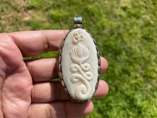 Ohm with Lotus Flower Hand Carved Buffalo Bone Tibetan Silver Pendant For Men or Women, Yoga Meditation Jewelry, Unisex Chakra Pendant, Boho
