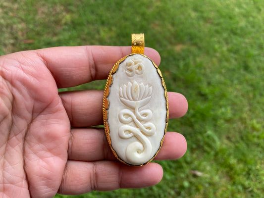 Ohm with Lotus Flower Pendant, High Quality 18K Matte Gold Overlay Non Tarnish, Hand Carved Buffalo Bone, Yoga Jewelry, Unisex Chakra, Boho