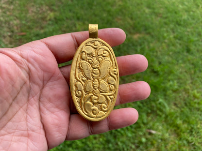 Ohm with Lotus Flower Pendant, High Quality 18K Matte Gold Overlay Non Tarnish, Hand Carved Buffalo Bone, Yoga Jewelry, Unisex Chakra, Boho