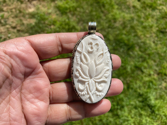Ohm with Lotus Hand Carved Buffalo Bone Tibetan Silver Pendant For Men or Women, Yoga Meditation Jewelry, Unisex Chakra Pendant, Mani Mantra