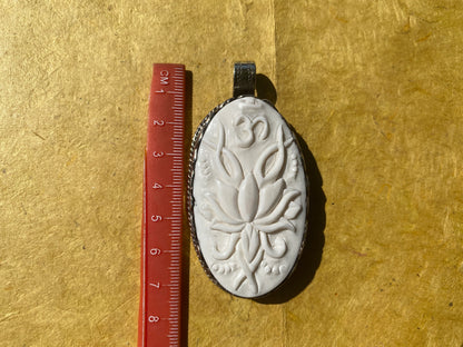 Ohm with Lotus Hand Carved Buffalo Bone Tibetan Silver Pendant For Men or Women, Yoga Meditation Jewelry, Unisex Chakra Pendant, Mani Mantra