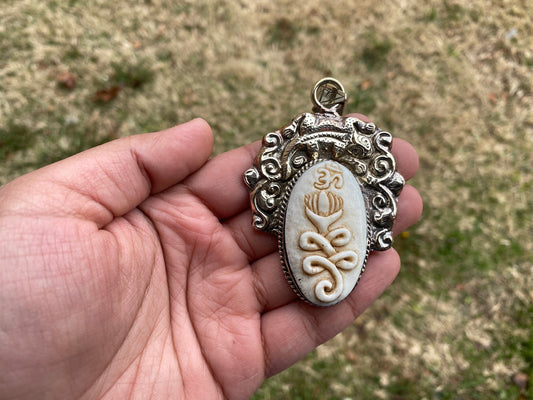 Om with Lotus Hand Carved Buffalo Bone Tibetan Silver Pendant For Men or Women, Yoga Meditation Jewelry, Unisex Chakra Pendant, Mani Mantra