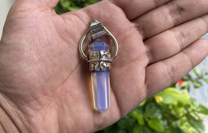 Opalite Pendant: Bohemian Charm with Emotional and Spiritual Benefits, Hammered Tibetan Silver, Unique Tibetan Pendant, Perfect Unisex gift.