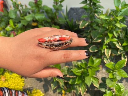 Organic Glamour: Hammered Spiny Oyster Tibetan Silver Boho Ring, Big Aesthetic Ring.