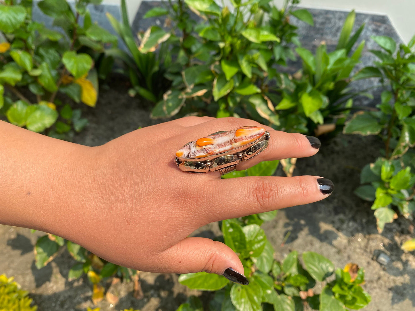 Organic Glamour: Hammered Spiny Oyster Tibetan Silver Boho Ring, Big Aesthetic Ring.