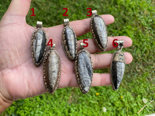 Orthoceras Fossil Tibetan Silver Pendant, Fossilized Pendant, Wiccan Jewelry, Black Stone Pendant, Fossil Jewelry, Orthoceras Jewelry, Boho