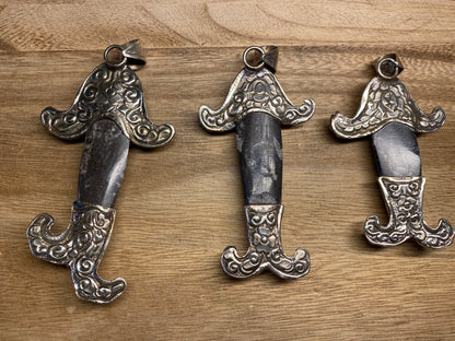 Orthoceras Fossil Tibetan Silver Pendant with Gemstones, Long Fish Designs Pendant, One Of A Kind, Flower Hand Carved, Himalayan Hill Tribe