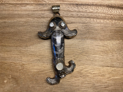 Orthoceras Fossil Tibetan Silver Pendant with Gemstones, Long Fish Designs Pendant, One Of A Kind, Flower Hand Carved, Himalayan Hill Tribe