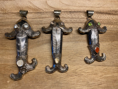 Orthoceras Fossil Tibetan Silver Pendant with Gemstones, Long Fish Designs Pendant, One Of A Kind, Flower Hand Carved, Himalayan Hill Tribe