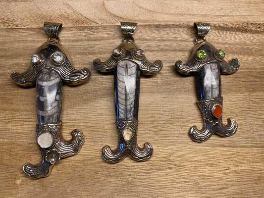 Orthoceras Fossil Tibetan Silver Pendant with Gemstones, Long Fish Designs Pendant, One Of A Kind, Flower Hand Carved, Himalayan Hill Tribe