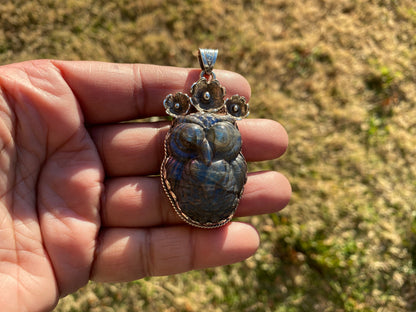 Hand Carved Owl Labradorite Tibetan Silver Pendant, Owl Pendant, Labradorite Owl, Blue Labradorite, Wildlife Jewelry, Animal Lover's Pendant