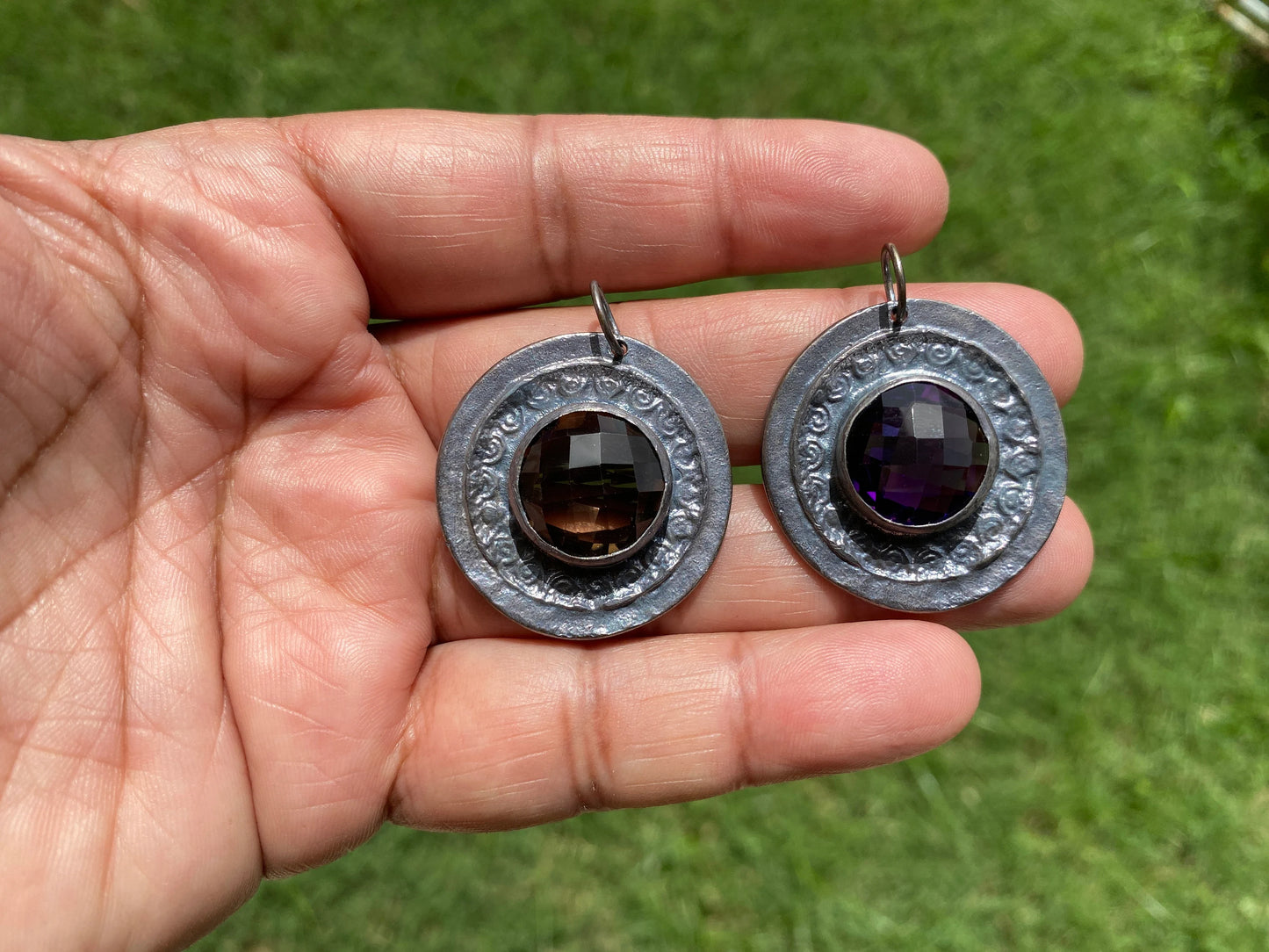 Oxidize Brass Small Pendant, Faceted Amethyst or Smoky Topaz Gemstone Pendant, for Earring/Necklace, Handmade in Nepal, Unique Boho Jewelry