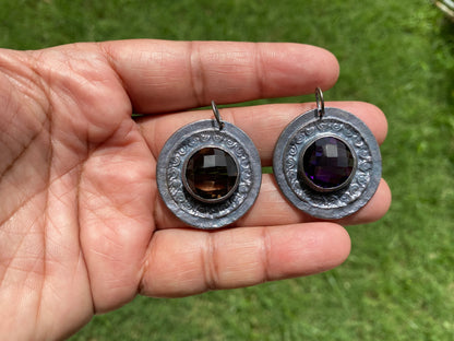 Oxidize Brass Small Pendant, Faceted Amethyst or Smoky Topaz Gemstone Pendant, for Earring/Necklace, Handmade in Nepal, Unique Boho Jewelry
