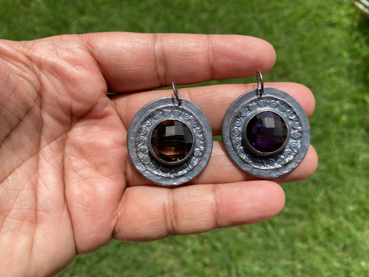 Oxidize Brass Small Pendant, Faceted Amethyst or Smoky Topaz Gemstone Pendant, for Earring/Necklace, Handmade in Nepal, Unique Boho Jewelry