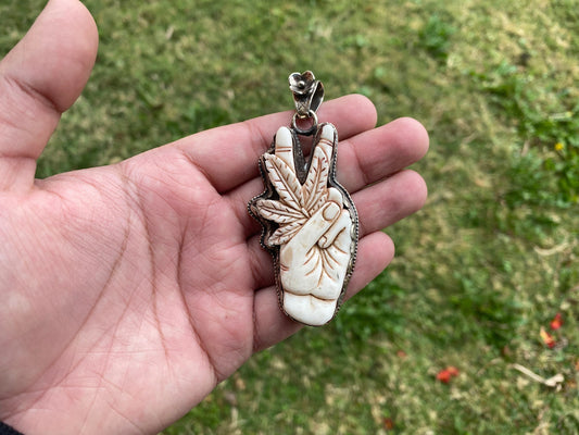 Peace Sign Two Fingers with Marijuana Hand Carved Bone Tibetan Silver Pendant, Peace Sign Jewelry Hippie Gift, Cannabis Peace Sign Pendant