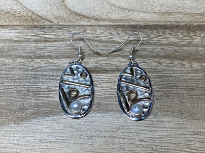 Pearl Two Tone Silver Overlay Earrings, Oval Shape, Dangle Earring, Birthday Gift, Silver Plated, Modern Earring, Designer Earring, Ear wire