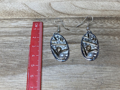 Pearl Two Tone Silver Overlay Earrings, Oval Shape, Dangle Earring, Birthday Gift, Silver Plated, Modern Earring, Designer Earring, Ear wire