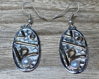Pearl Two Tone Silver Overlay Earrings, Oval Shape, Dangle Earring, Birthday Gift, Silver Plated, Modern Earring, Designer Earring, Ear wire
