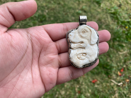 Large Dog Hand Carved Bone Tibetan Silver Pendant, Pet Lovers Jewelry, Best Cute Gift, Pet Memorial Jewelry, Christmas Gift for Pet Lover