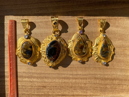 Pietersite Gemstone Gold Overlay Pendant, Swirling Patterns, Luxurious Design, Unique Mineral, High Frequency Stone, Exotic Jewelry,