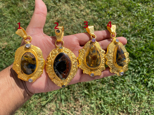 Pietersite Gemstone Gold Overlay Pendant, Swirling Patterns, Luxurious Design, Unique Mineral, High Frequency Stone, Exotic Jewelry,