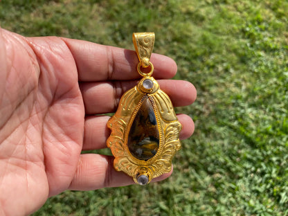 Pietersite Gemstone Gold Overlay Pendant, Swirling Patterns, Luxurious Design, Unique Mineral, High Frequency Stone, Exotic Jewelry,