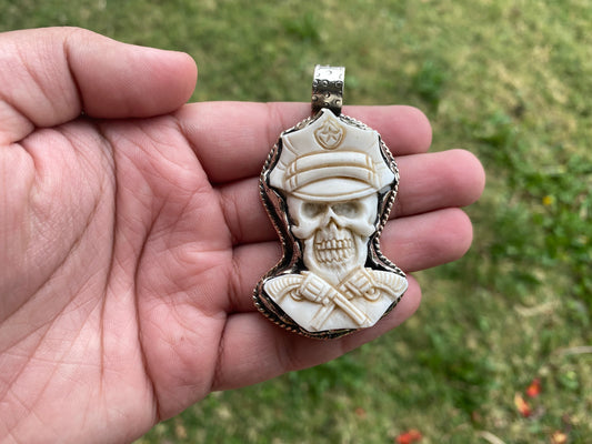 Pirate Captain Skull with Gun Bone Carved Tibetan Silver Pendant, Pirate Skull Pendant for Necklace, Gift for Sailor, Sailor Jewelry, Boho