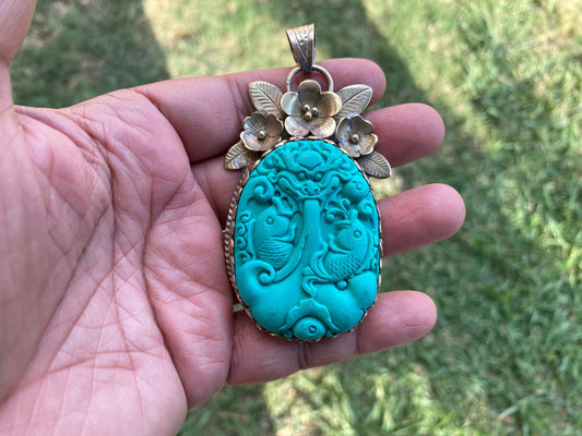 Pisces Zodiac Symbol Tibetan Silver Pendant, Stabilized Turquoise Color, Fish Symbol, Birth Sign, Horoscope Inspired, Astrology Jewelry