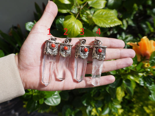 Pointed Crystal with Red Coral Tibetan Silver Pendant | Daily Wear Pendant, Wand Healing Crystal, Unisex Pendant, Nature Inspired Jewelry