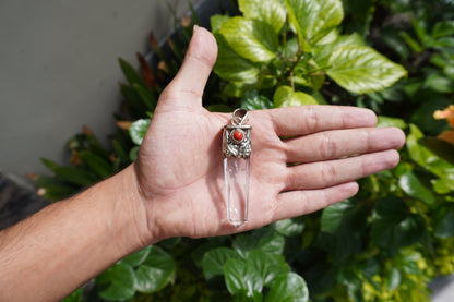 Pointed Crystal with Red Coral Tibetan Silver Pendant | Daily Wear Pendant, Wand Healing Crystal, Unisex Pendant, Nature Inspired Jewelry