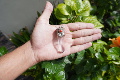 Pointed Crystal with Red Coral Tibetan Silver Pendant | Daily Wear Pendant, Wand Healing Crystal, Unisex Pendant, Nature Inspired Jewelry
