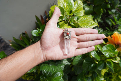 Pointed Crystal with Red Coral Tibetan Silver Pendant | Daily Wear Pendant, Wand Healing Crystal, Unisex Pendant, Nature Inspired Jewelry
