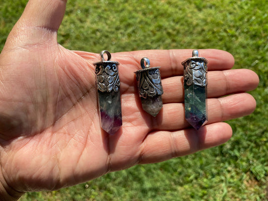 Pointed Fluorite Natural Stone Sterling Silver Pendant, Healing Point Crystal, Fluorite Gemstone Point, Rainbow Fluorite, Tibetan Pendant