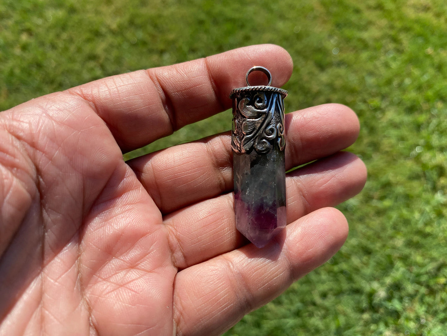 Pointed Fluorite Natural Stone Sterling Silver Pendant, Healing Point Crystal, Fluorite Gemstone Point, Rainbow Fluorite, Tibetan Pendant