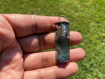 Pointed Fluorite Natural Stone Sterling Silver Pendant, Healing Point Crystal, Fluorite Gemstone Point, Rainbow Fluorite, Tibetan Pendant