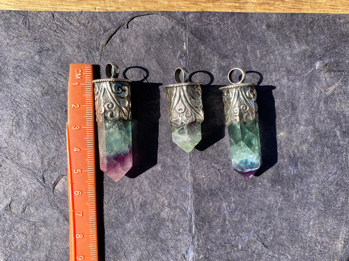 Pointed Fluorite Natural Stone Sterling Silver Pendant, Healing Point Crystal, Fluorite Gemstone Point, Rainbow Fluorite, Tibetan Pendant
