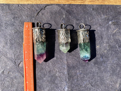 Pointed Fluorite Natural Stone Sterling Silver Pendant, Healing Point Crystal, Fluorite Gemstone Point, Rainbow Fluorite, Tibetan Pendant