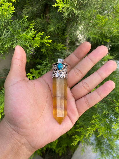 Pointed Fluorite Pendant in Sterling Silver with turquoise, Gift for your loved one or yourself.