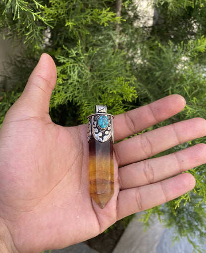 Pointed Fluorite Pendant in Sterling Silver with turquoise, Gift for your loved one or yourself.