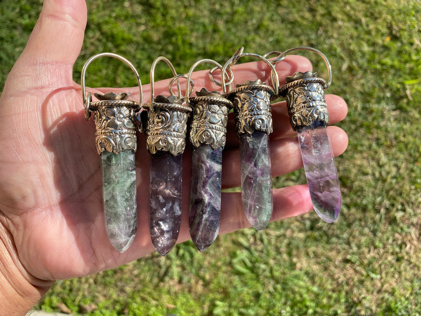 Pointed Fluorite Tibetan Silver Pendant, High-Quality Gemstone Jewelry, Crystal Point Bohemian Necklace, Metaphysical Fluorite Pendant