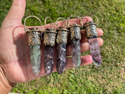 Pointed Fluorite Tibetan Silver Pendant, High-Quality Gemstone Jewelry, Crystal Point Bohemian Necklace, Metaphysical Fluorite Pendant