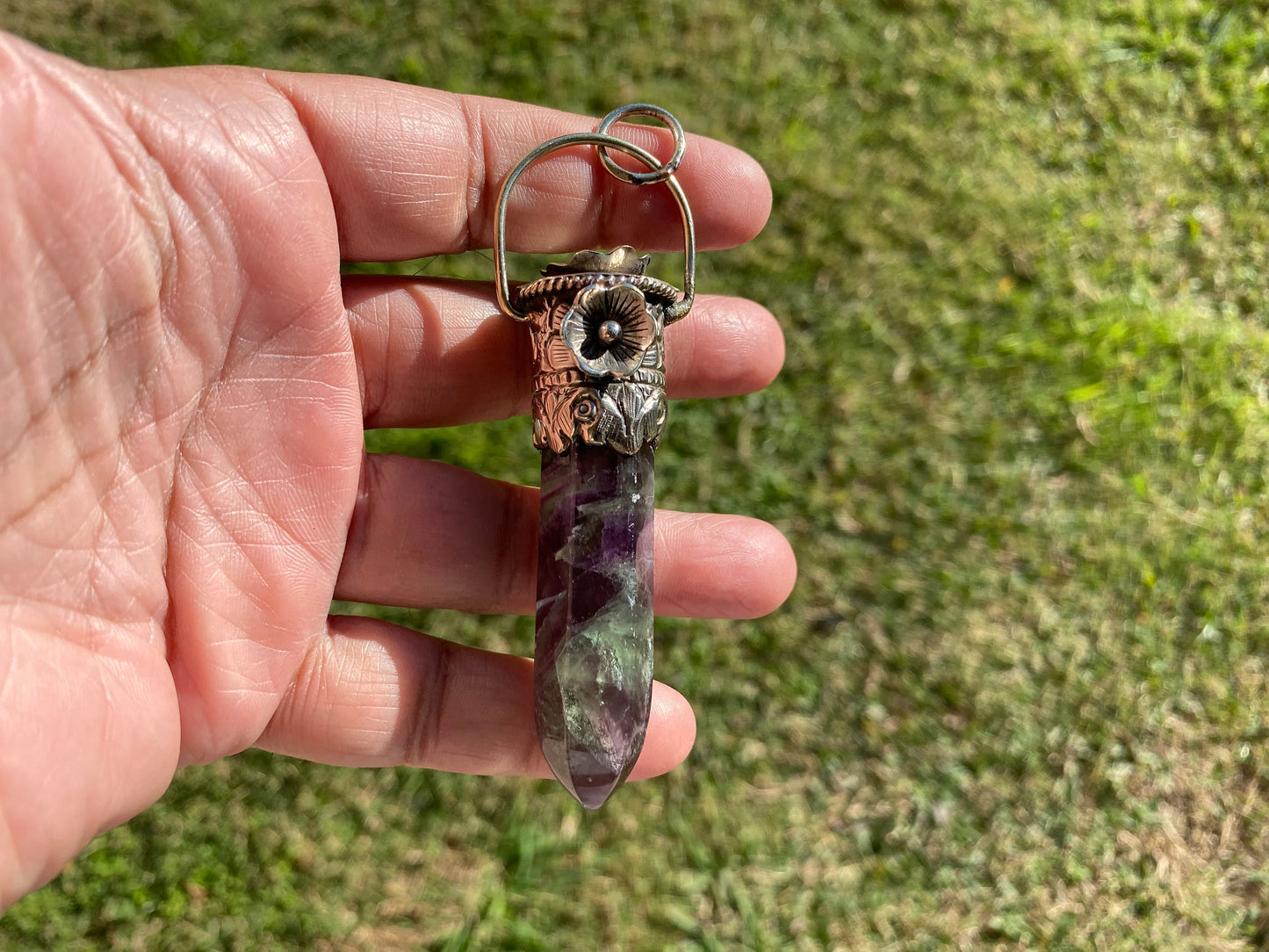 Pointed Fluorite Tibetan Silver Pendant, High-Quality Gemstone Jewelry, Crystal Point Bohemian Necklace, Metaphysical Fluorite Pendant