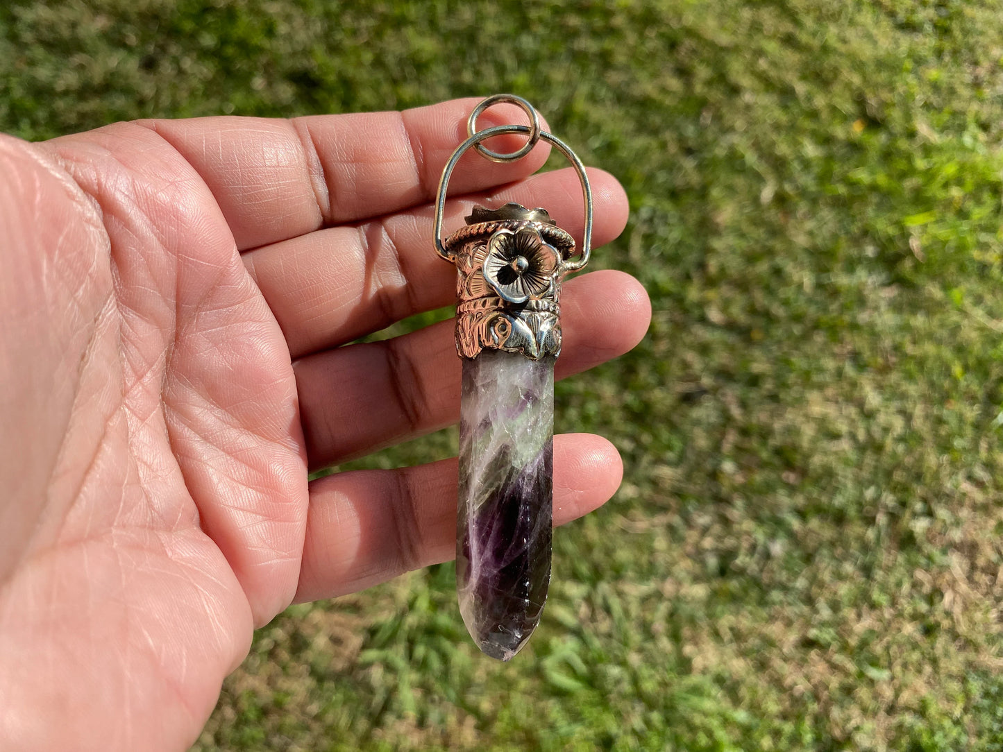 Pointed Fluorite Tibetan Silver Pendant, Natural Green Gemstone, Healing Balance Pendant for Necklace, Meditation Grounding Calming Pendant