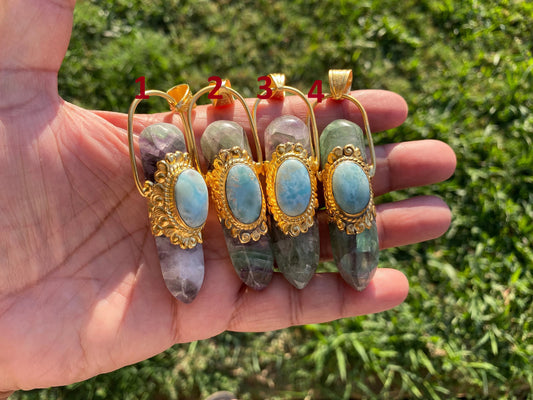 Pointed Fluorite with Larimar Natural Stone Gold Overlay Pendant, Unique Design, Pendant for Necklace, Grounding Calm, Fashion Statement