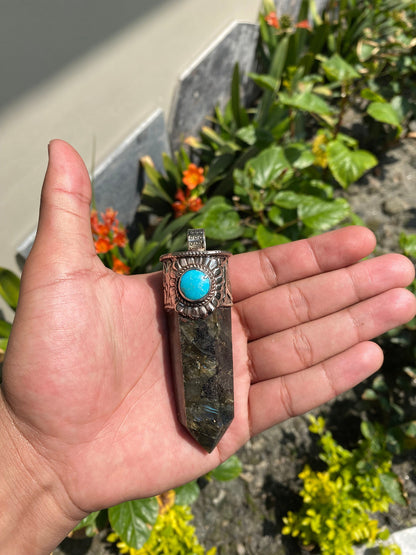 Pointed Labradorite or Prehnite with Turquoise Tibetan Silver Pendent , Handcrafted Pointed Labradorite  and Prehnite for Necklace
