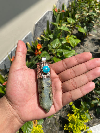 Pointed Labradorite or Prehnite with Turquoise Tibetan Silver Pendent , Handcrafted Pointed Labradorite  and Prehnite for Necklace