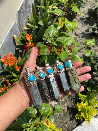 Pointed Labradorite or Prehnite with Turquoise Tibetan Silver Pendent , Handcrafted Pointed Labradorite  and Prehnite for Necklace
