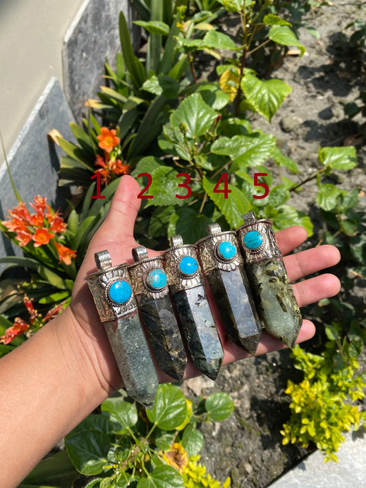 Pointed Labradorite or Prehnite with Turquoise Tibetan Silver Pendent , Handcrafted Pointed Labradorite  and Prehnite for Necklace