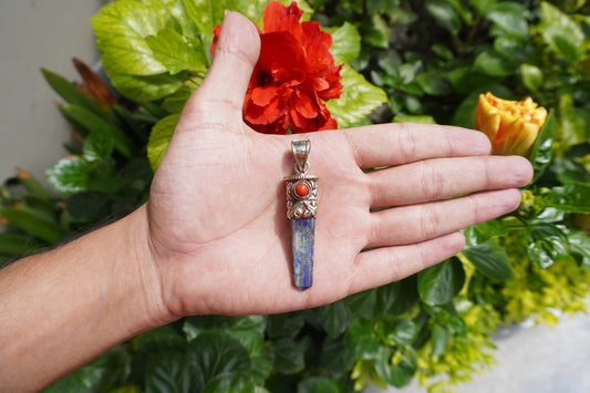Pointed Lapis Lazuli with Red Coral Tibetan Silver Pendant | Handmade in Nepal, Natural Stone Jewelry for him/her Gift, Unique Jewelry